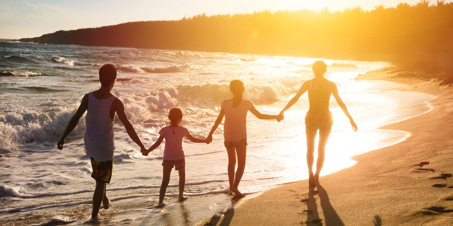 família de mãos dadas por trás na praia
