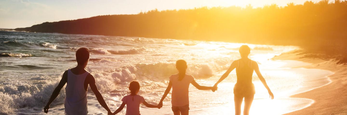 family holding hands from behind on the beach